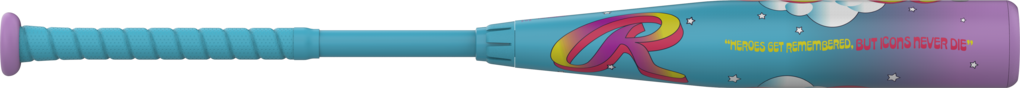 Teal barrel and purple end cap baseball bat with bold colorful logo