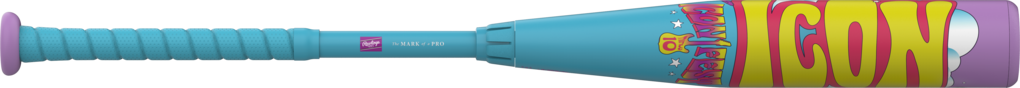 Teal baseball bat with purple barrel art, white logo, and dark grip
