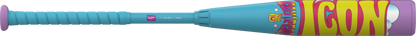 Teal baseball bat with purple barrel art, white logo, and dark grip