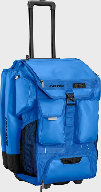 Easton wheeled bat bag in Columbia blue with front organizer pockets and mesh side panel