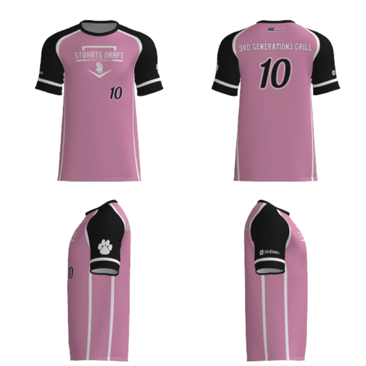 Pink softball jersey with black sleeves, number 10, sponsor logo on front