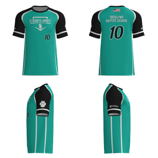 Youth softball replica jersey, teal with black sleeves and number 10; white trim stripes.