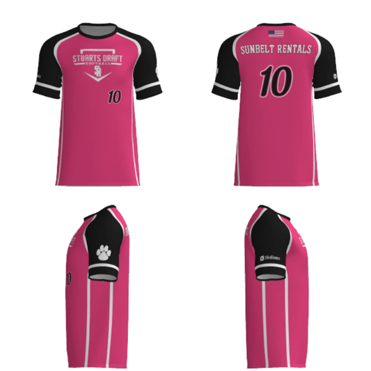 Pink softball replica jersey with black sleeves, number 10, Sunbelt Rentals logo