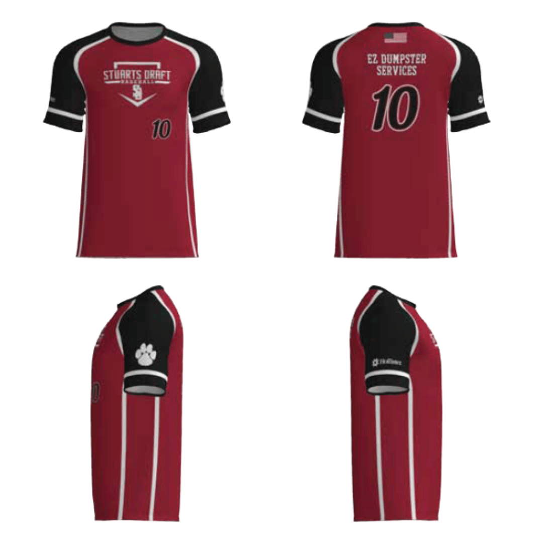 Maroon baseball replica jersey with black sleeves, white number 10 and EZ Dumpster Services