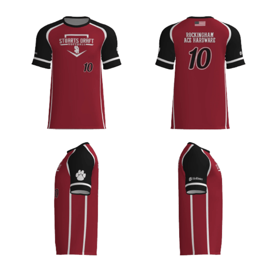 Maroon softball jersey with black sleeves, white trim, number 10, Rockingham Ace Hardware