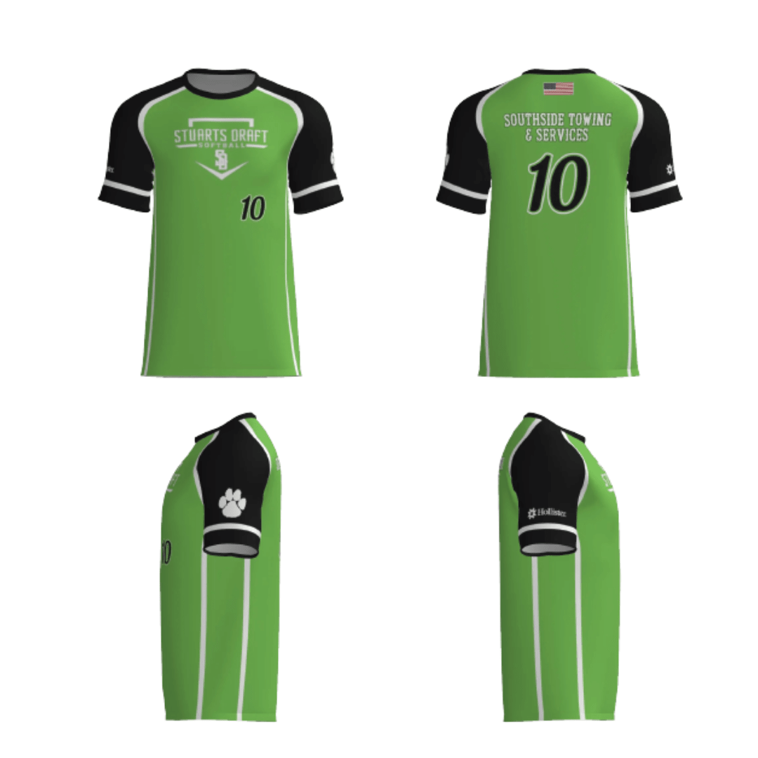 Green softball fan replica jersey with black sleeves, number 10, sponsor logo and text