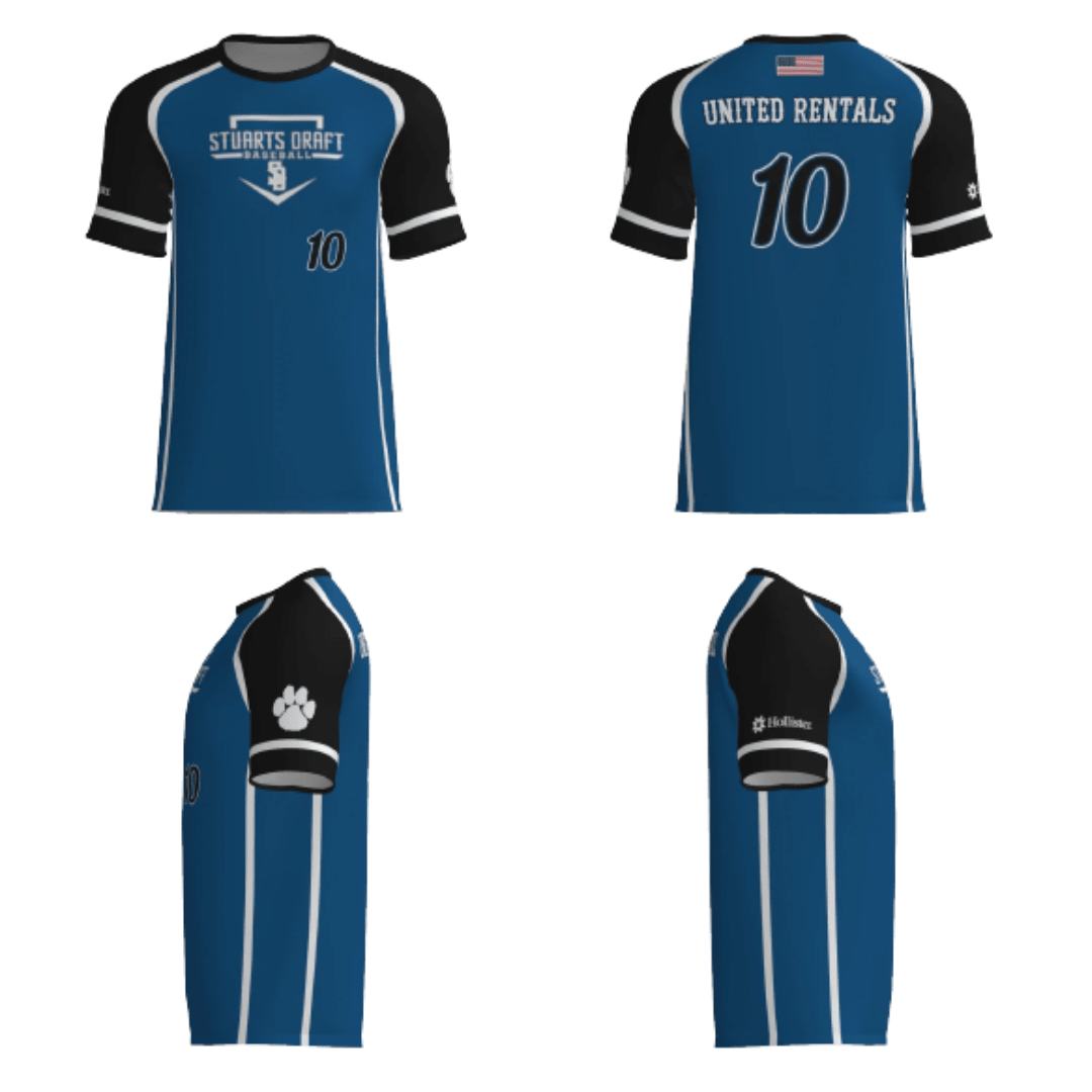 Blue baseball fan replica jersey with black sleeves, number 10, United Rentals logo