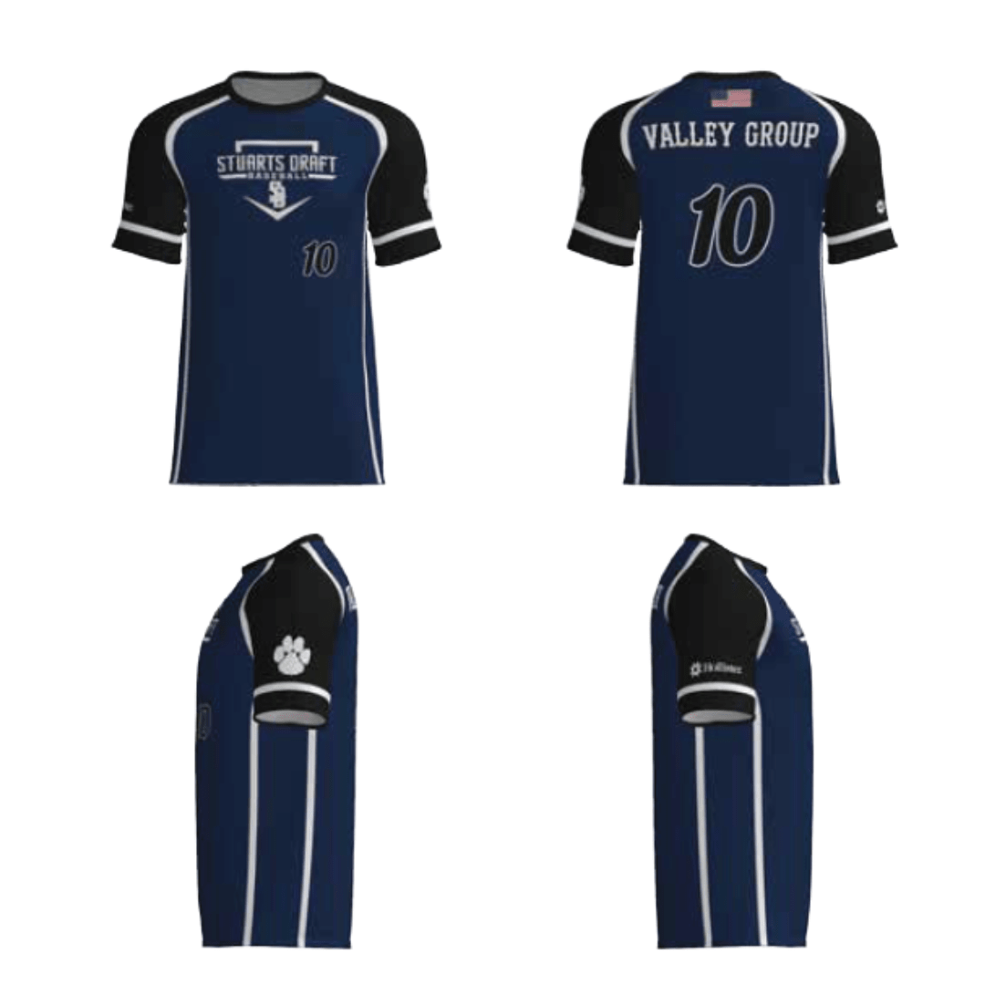 Navy baseball replica jersey with black sleeves, number 10, Valley Group patch, sport draft logo