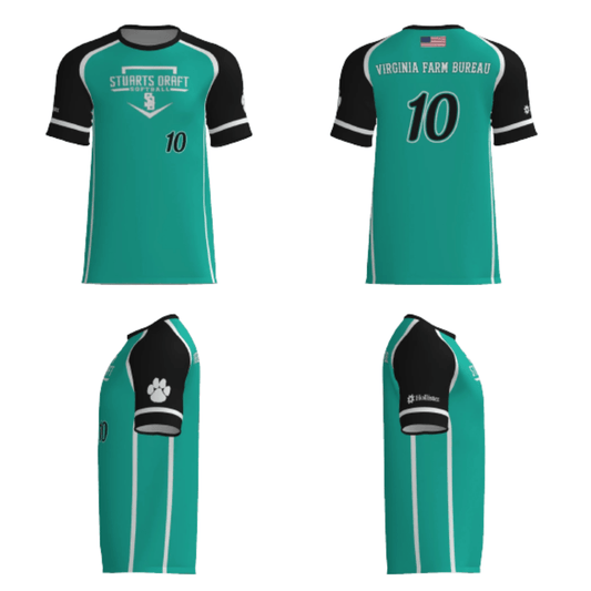 Teal softball fan replica jersey with black sleeves, number 10, Virginia Farm Bureau sponsor