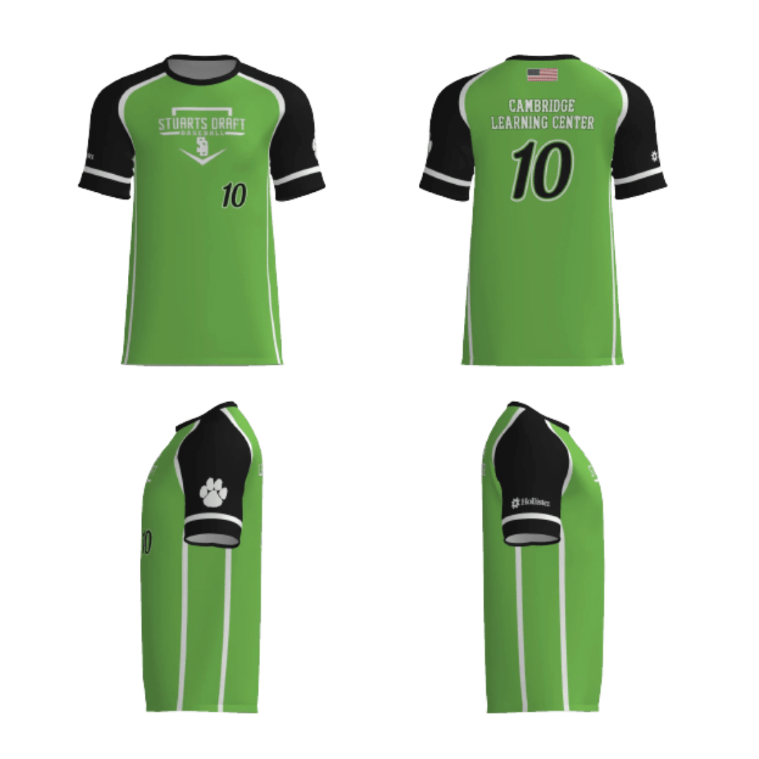 Green baseball jersey with black sleeves, number 10, Cambridge Learning Center print.