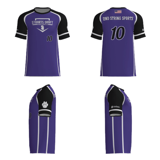Purple softball fan replica jersey with black sleeves, 10 front and sponsor patch