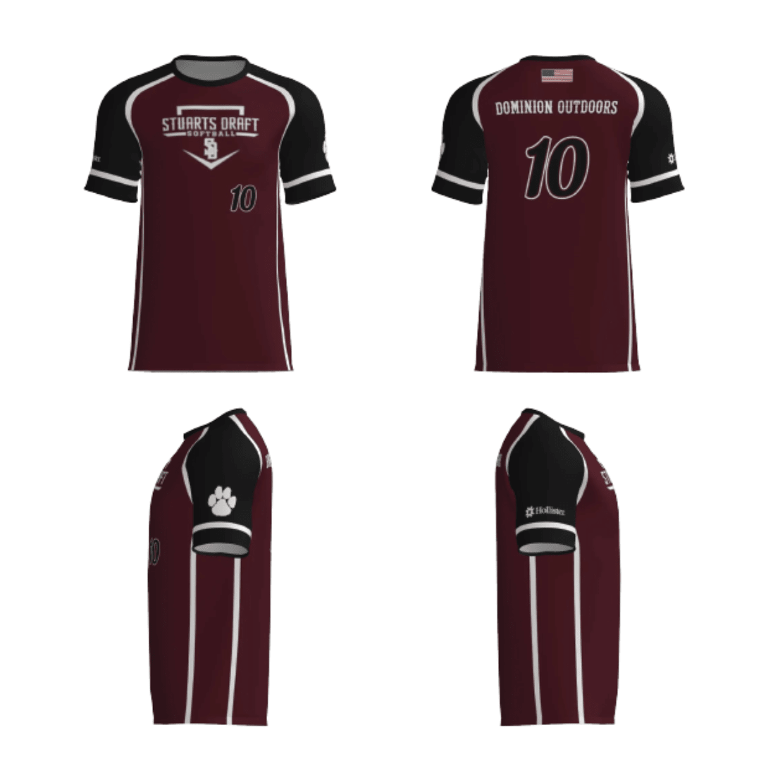 Softball replica fan jersey, maroon with black sleeves, white stripes, number 10
