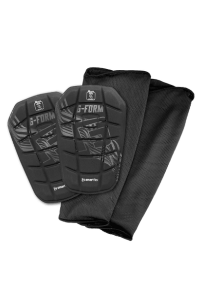 Black soccer shin guards with hard shell and Smartflex straps, Pro-S Blade style
