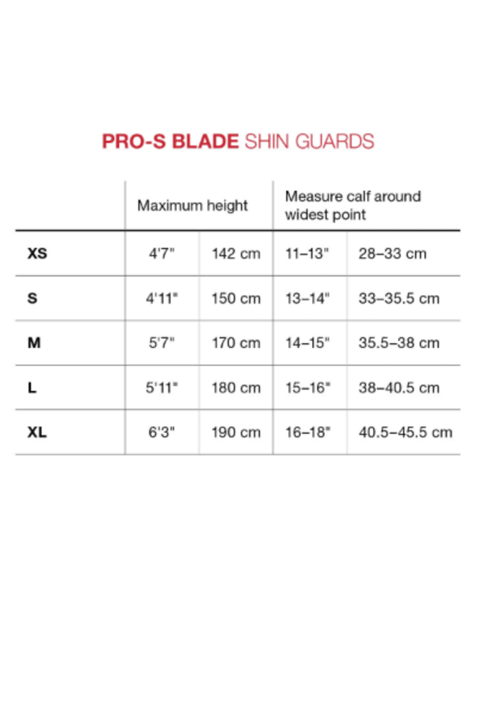 Soccer shin guard size chart with XS–XL measurements for height and calf width
