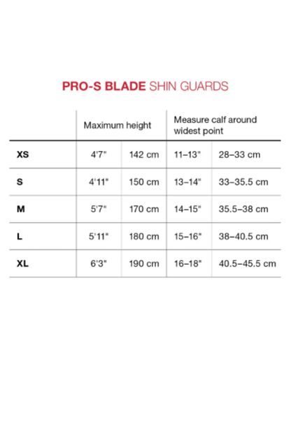 Soccer shin guard size chart with XS–XL measurements for height and calf width