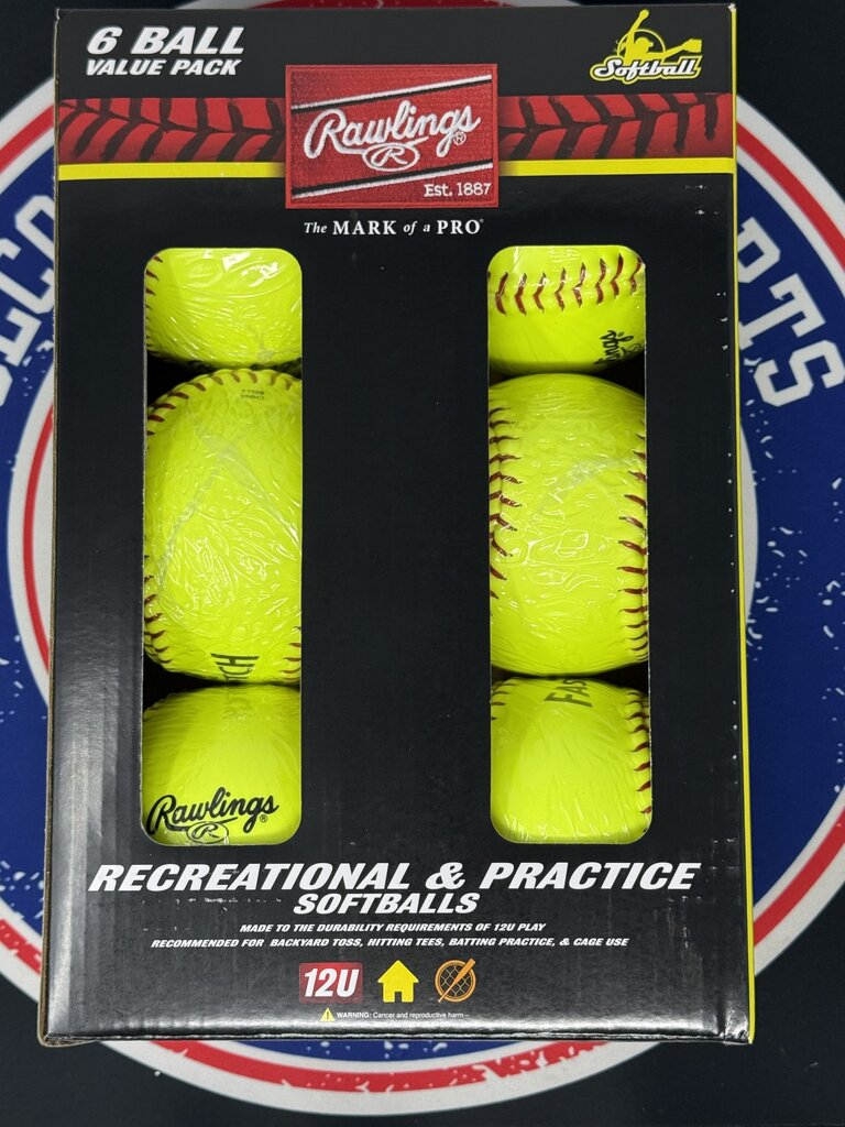 FASTPITCH SOFTBALL Rawlings 6 Ball Value Pack Recreational & Practice Softballs - 12" Rawlings 12" Yellow New