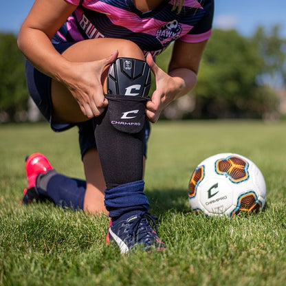 Black soccer shin guard with fabric sleeve, shown on a player’s leg