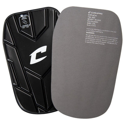 Black soccer shin guard with gray back plate and molded protective ridges