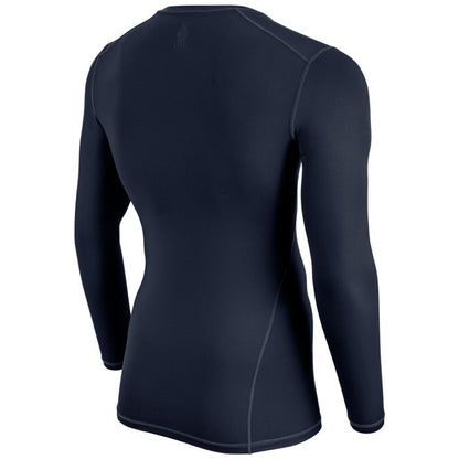 Navy long sleeve compression shirt, back view with stitched seam lines