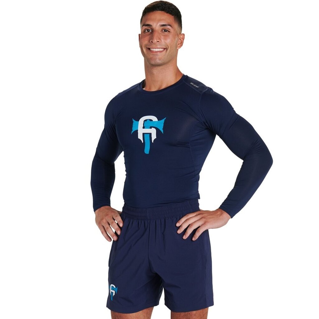 Navy long sleeve compression shirt with crew neck, worn with matching shorts