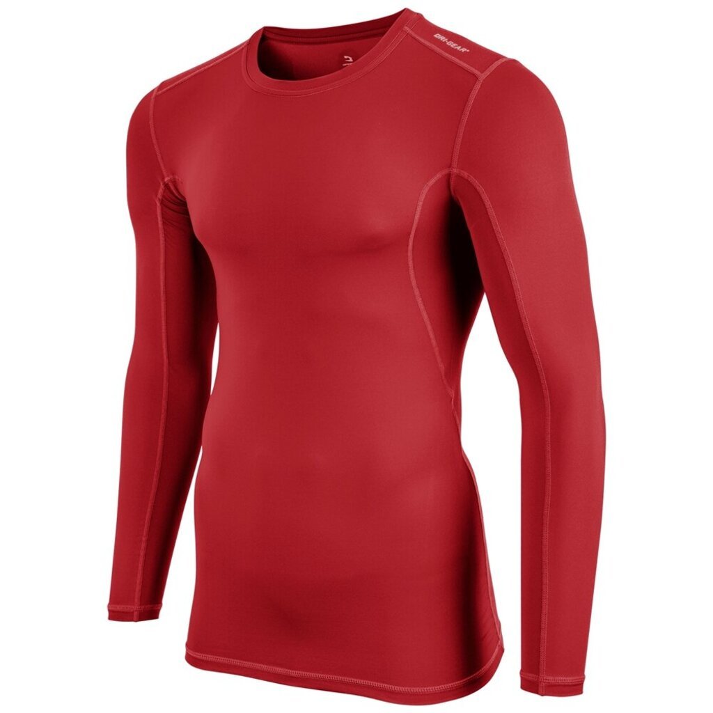 Red long sleeve compression shirt, side/front view with flatlock seams