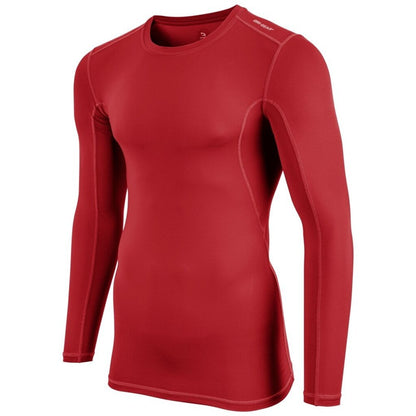 Red long sleeve compression shirt, side/front view with flatlock seams