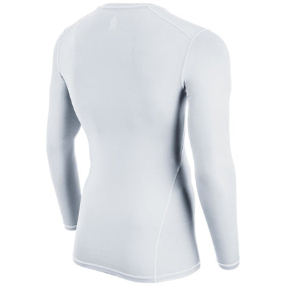 White long sleeve compression shirt, back view with stitched seam lines