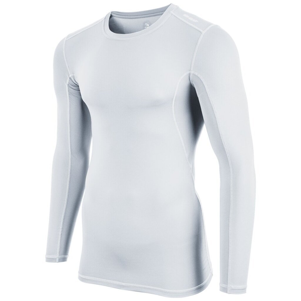 White long sleeve compression shirt with crew neck and seam detailing