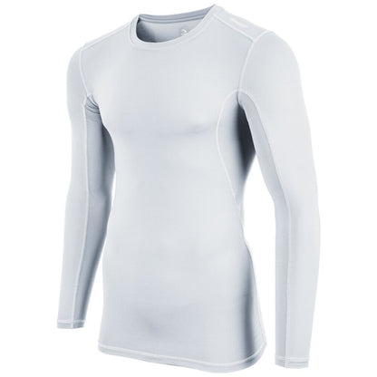 White long sleeve compression shirt with crew neck and seam detailing