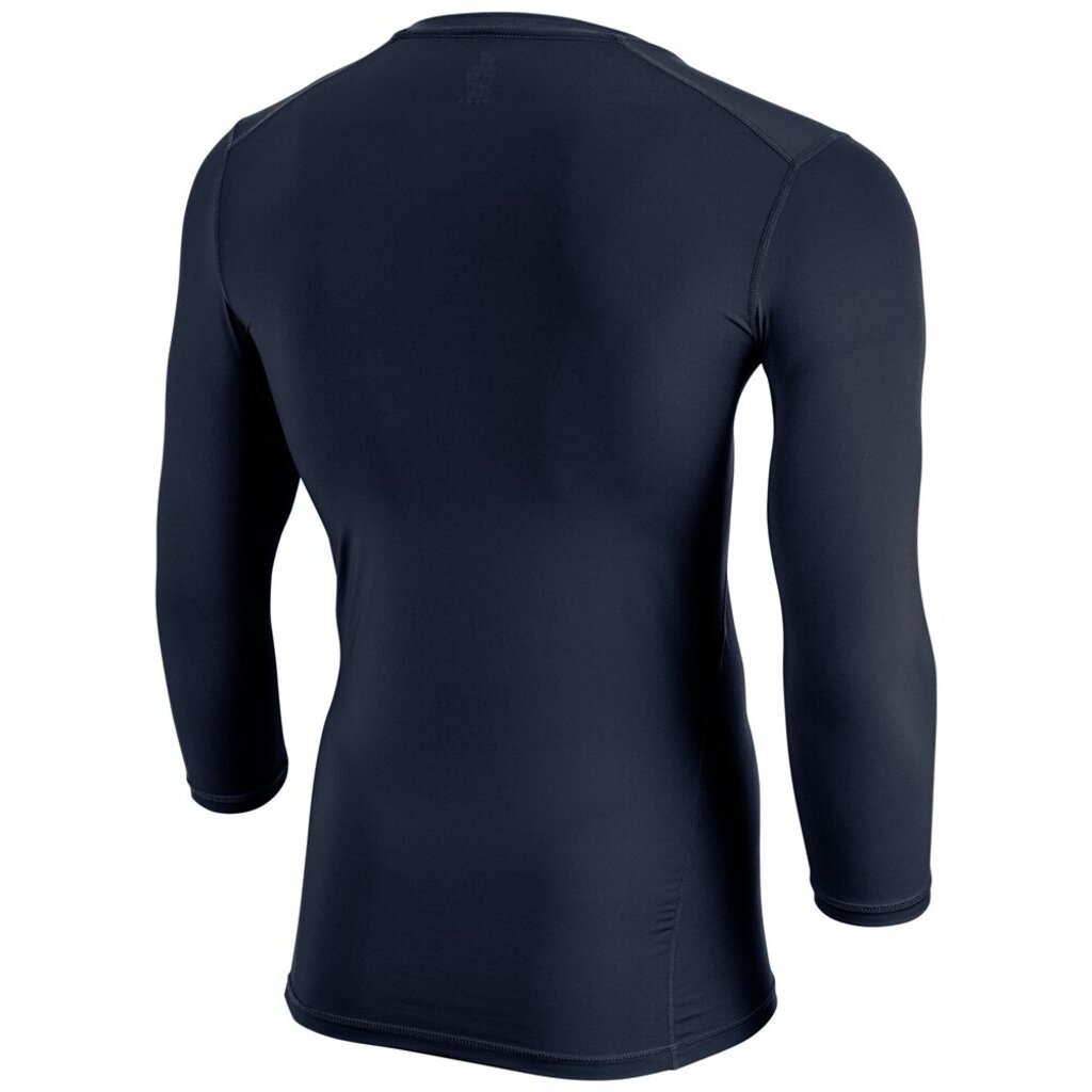 Navy three-quarter sleeve compression shirt, back view with crew neck