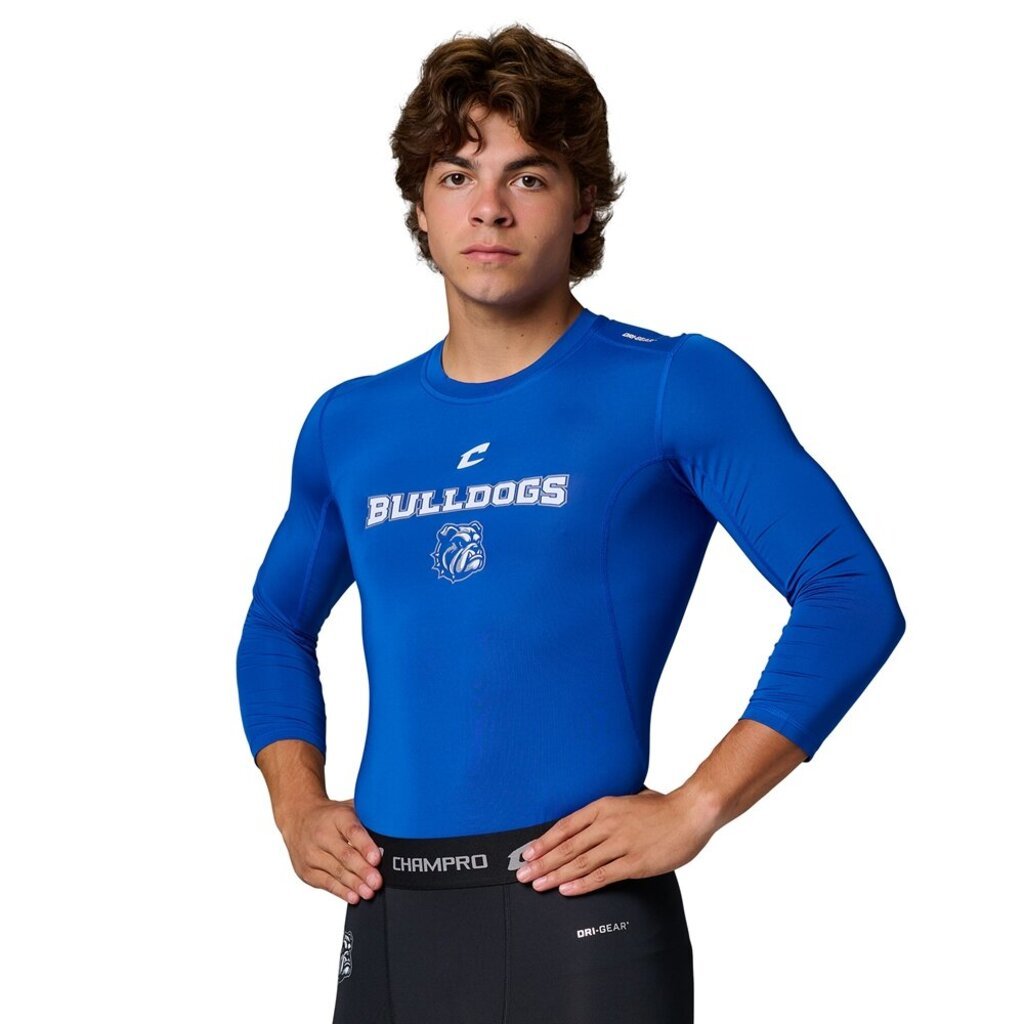 Royal blue three-quarter sleeve compression shirt with Bulldogs chest logo