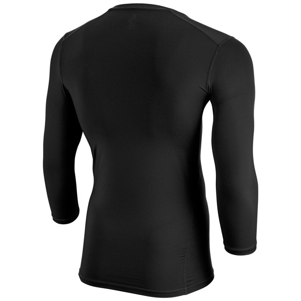 Black three-quarter sleeve compression shirt, back view with crew neck