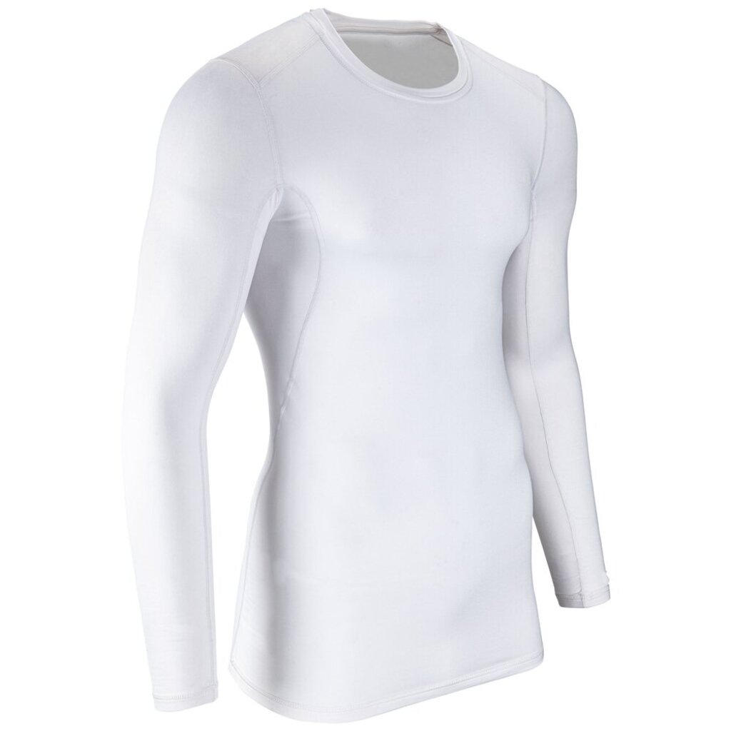 White long sleeve compression shirt with crew neck, fitted stretch fabric