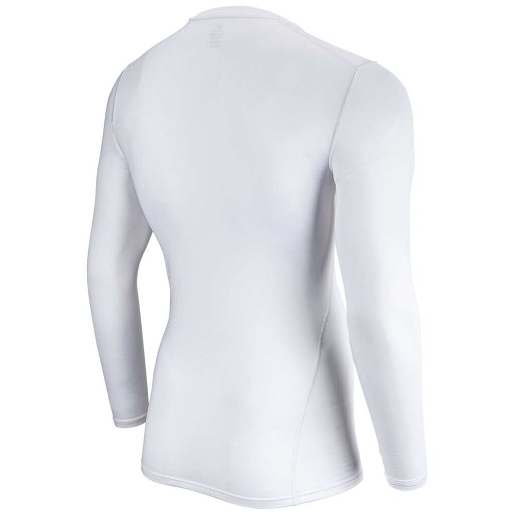White long sleeve compression shirt with crew neck, fitted back view