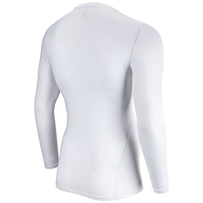 White long sleeve compression shirt with crew neck, fitted back view