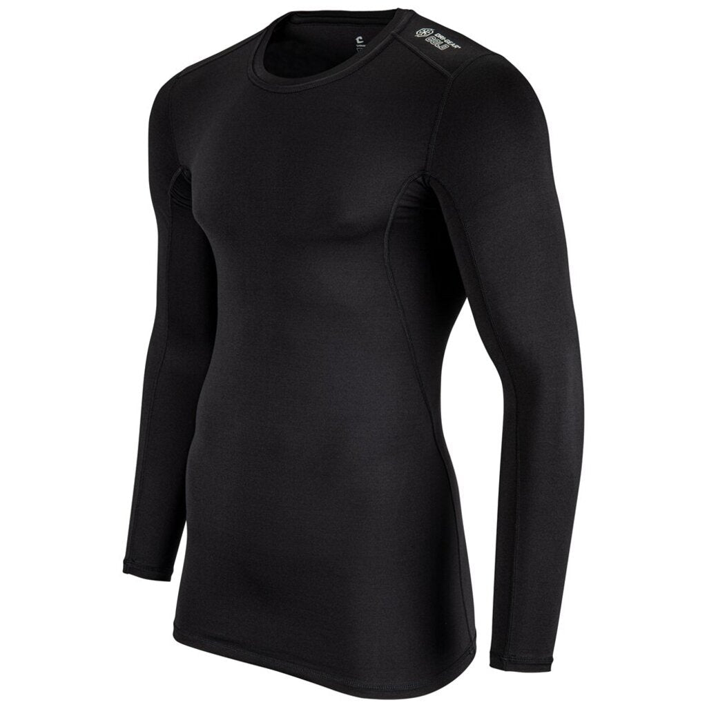 Black long sleeve compression shirt with crew neck, fitted stretch design