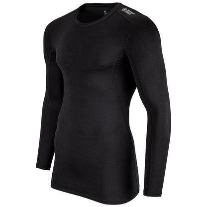Black long sleeve compression shirt with crew neck, fitted stretch design