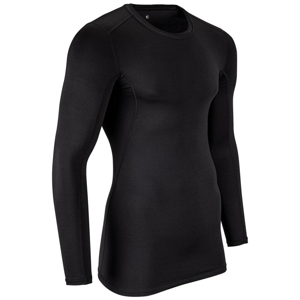 Black fitted long sleeve compression shirt with crew neck and smooth seams