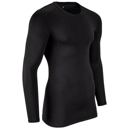 Black fitted long sleeve compression shirt with crew neck and smooth seams