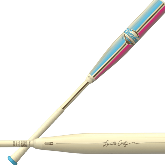 Sand BBCOR baseball bat with blue/pink barrel graphic and capped handle.