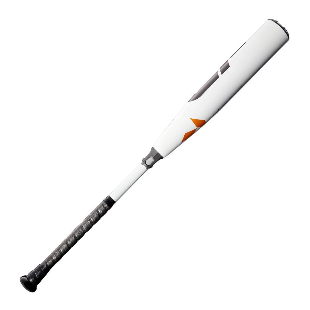 Baseball bat with white barrel, black and gold graphics, black handle end cap