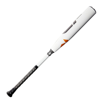 Baseball bat with white barrel, black and gold graphics, black handle end cap