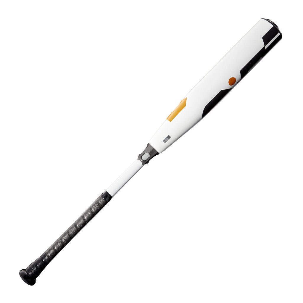 Baseball bat with white barrel, black cap, gold stripe, textured black handle