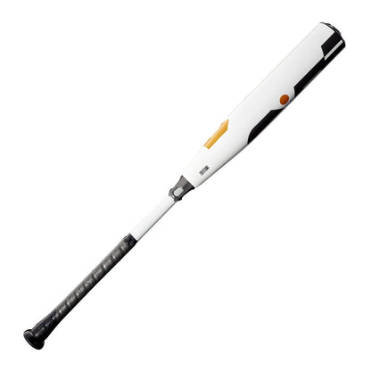 Baseball bat with white barrel, black cap, gold stripe, textured black handle