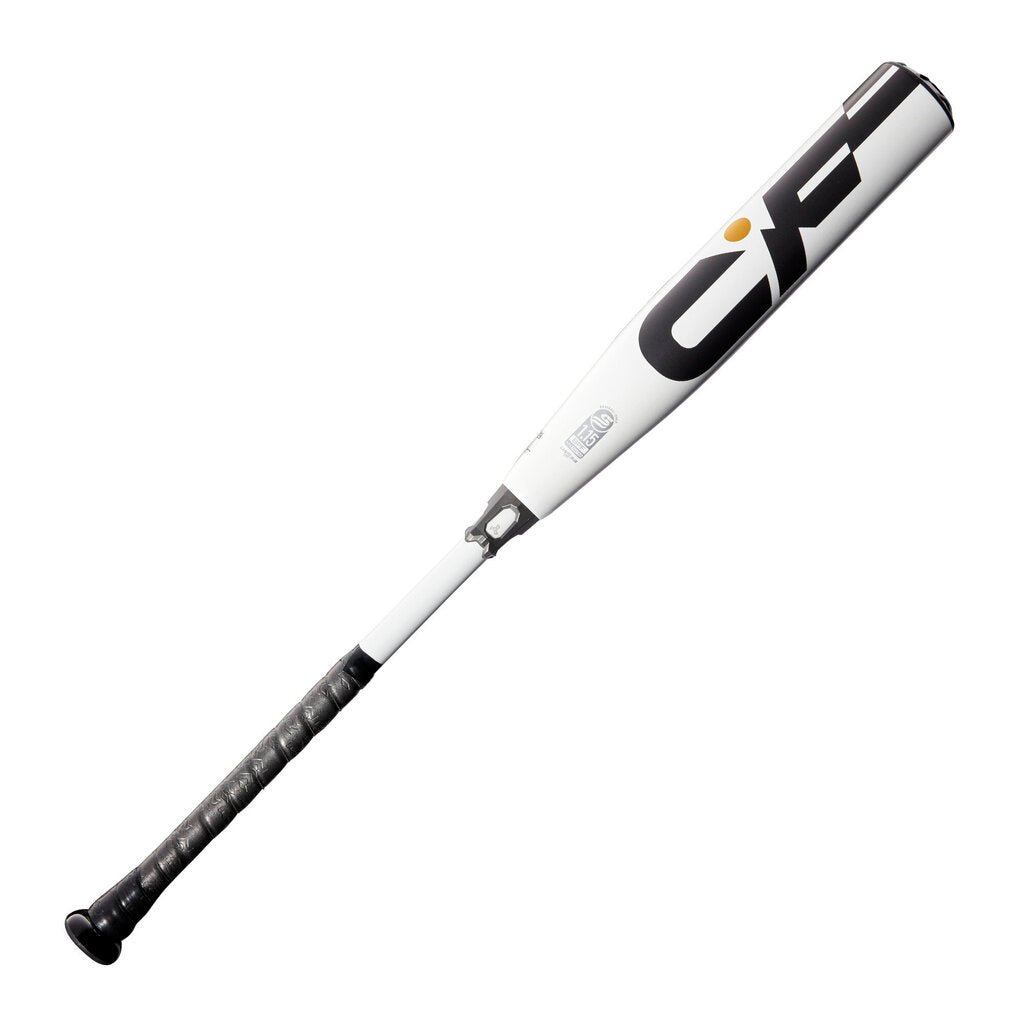 Baseball bat with white barrel and black CF logo, black handle and grip