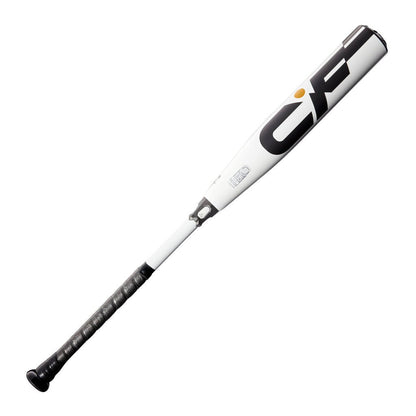 Baseball bat with white barrel and black CF logo, black handle and grip