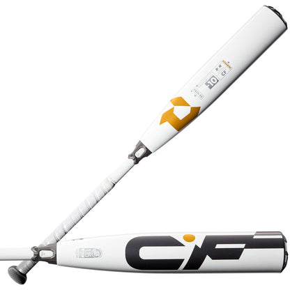 Baseball bat in white with black end cap and CF logo across the barrel