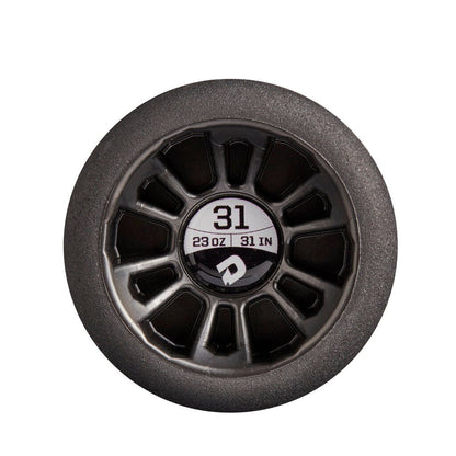 Baseball bat knob end with circular '23 OZ 31' markings and black texture.