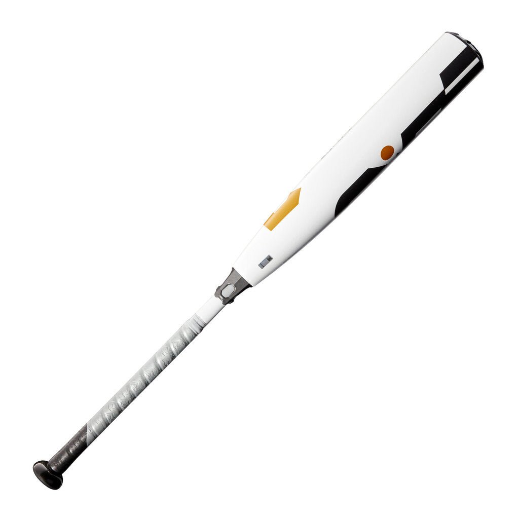 Baseball bat in white with black accent stripe and gold knob logo near handle