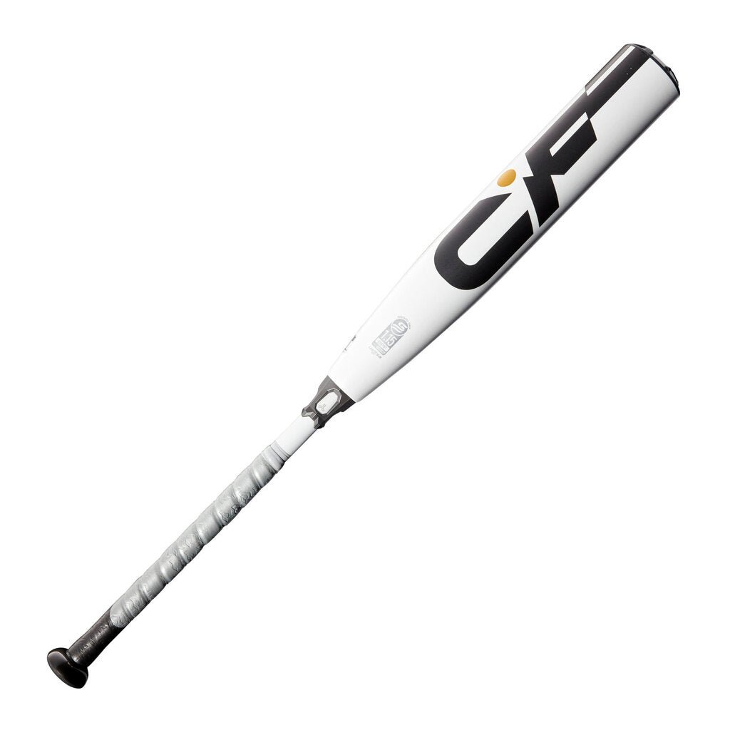 Baseball bat in white with black grip end and DeMarini CF logo on barrel